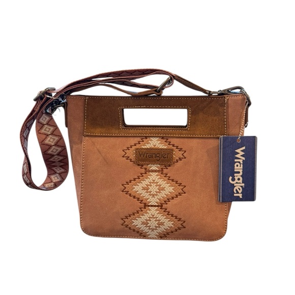 Wrangler Handbags - Wrangler Tan and Brown Crossbody Bag Southwestern Details Adjustable Strap NWT